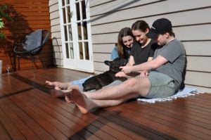 kids and dog sitting on deck